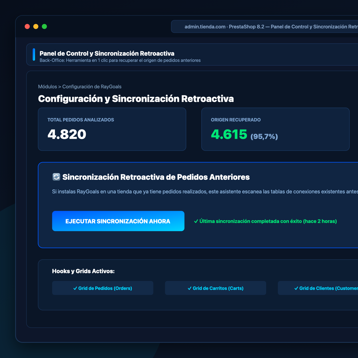 Configuración y Sincronización Retroactiva - RayGoals PrestaShop