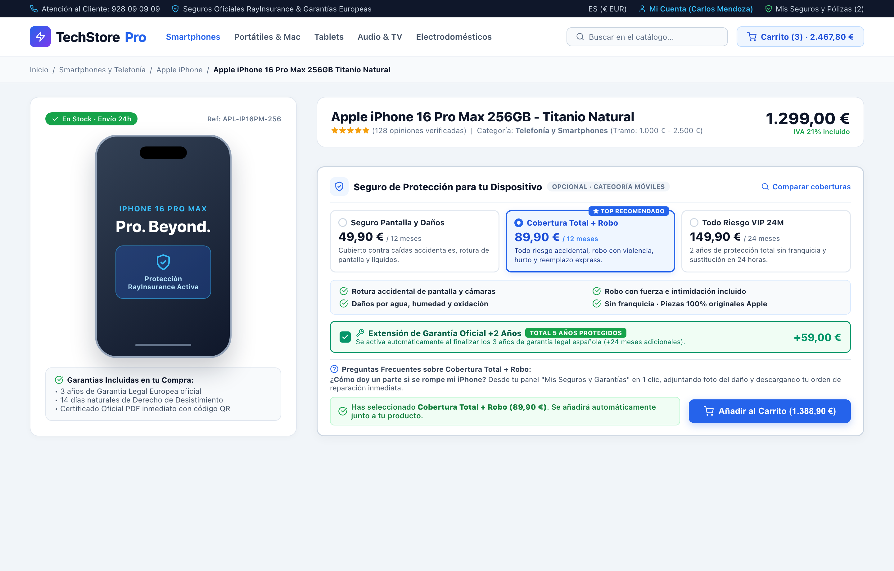 Ficha de Producto · Selector y Extensión +2 Años - RayInsurance PrestaShop