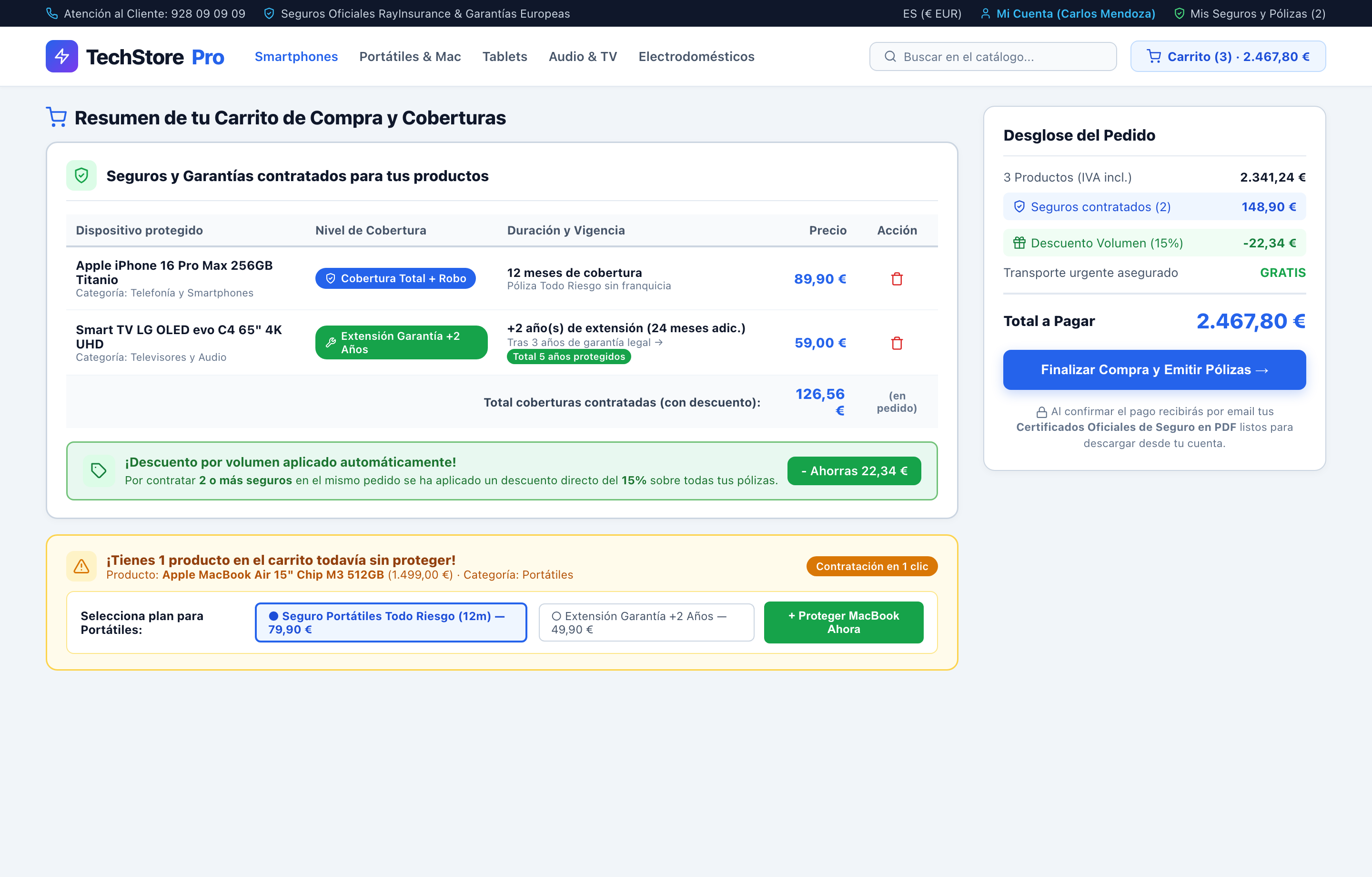 Carrito de Compra · Descuento por Volumen y Upsell - RayInsurance PrestaShop