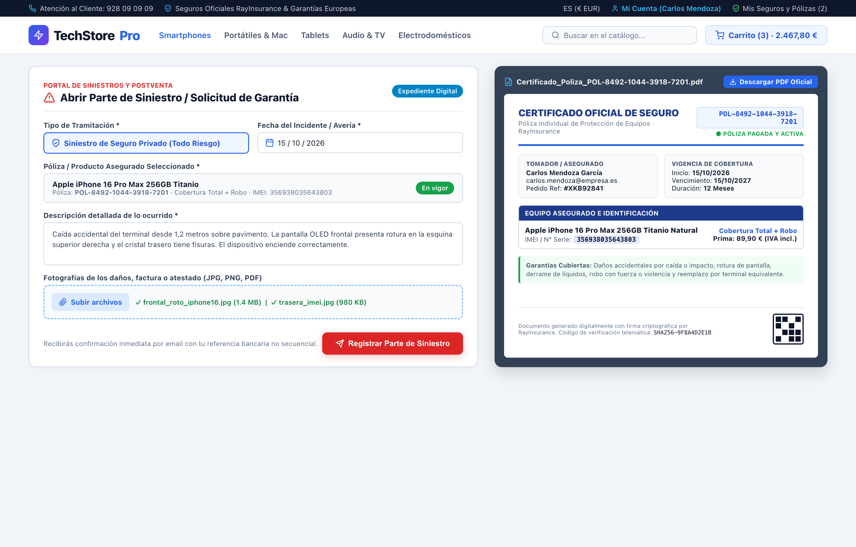 Apertura de Siniestro y Certificado PDF Oficial - RayInsurance PrestaShop