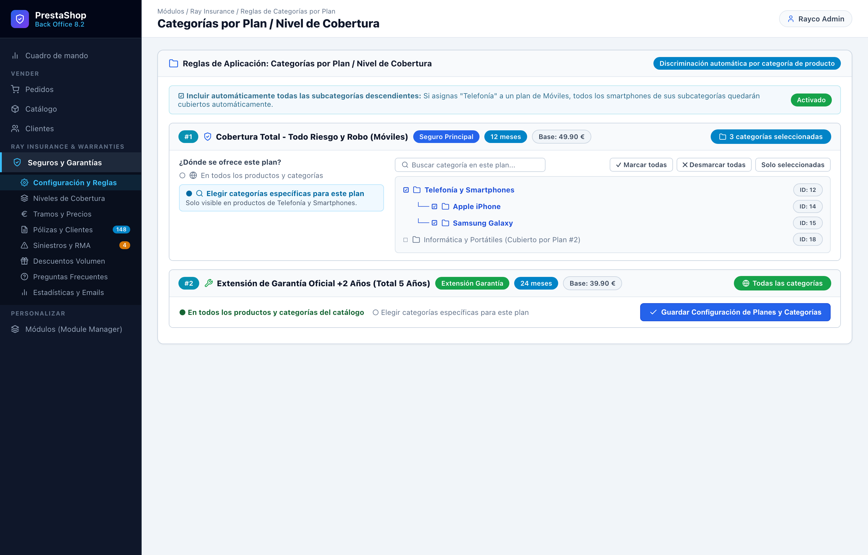 Discriminación de Categorías por cada Plan - RayInsurance PrestaShop