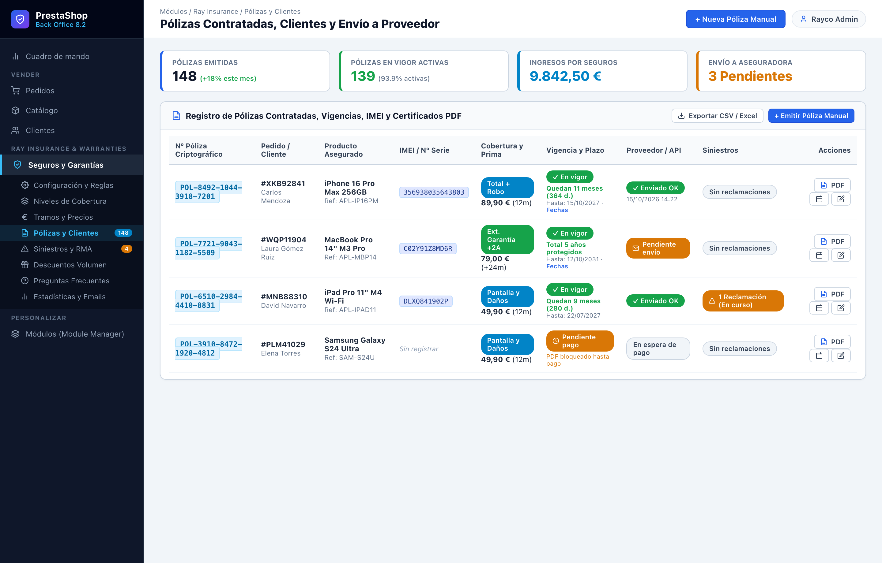 Gestión de Pólizas, Clientes, IMEI y Vigencias - RayInsurance PrestaShop