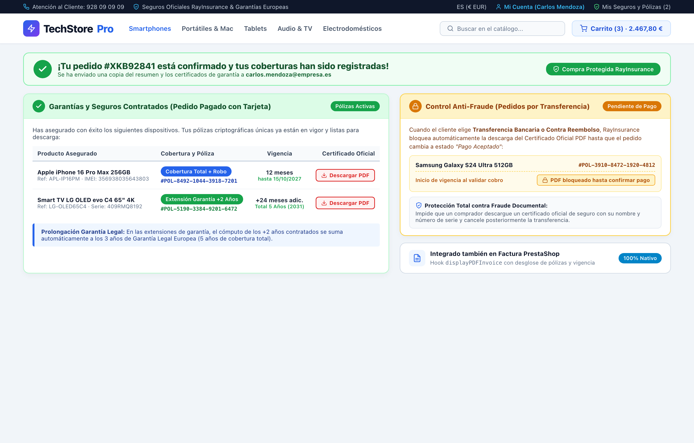 Confirmación de Pedido y Bloqueo Anti-Fraude PDF - RayInsurance PrestaShop