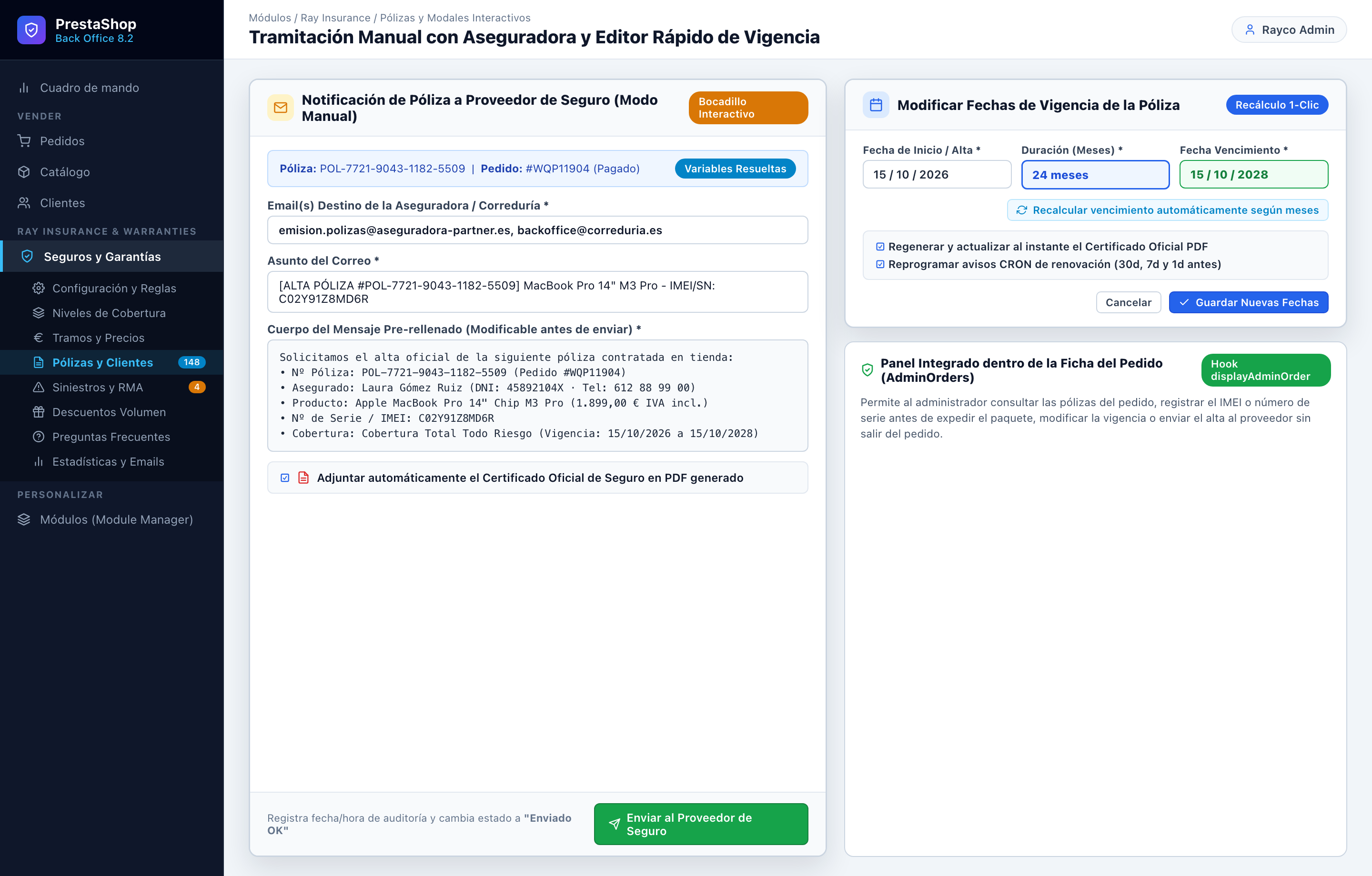 Bocadillo Proveedor Manual y Editor de Fechas - RayInsurance PrestaShop