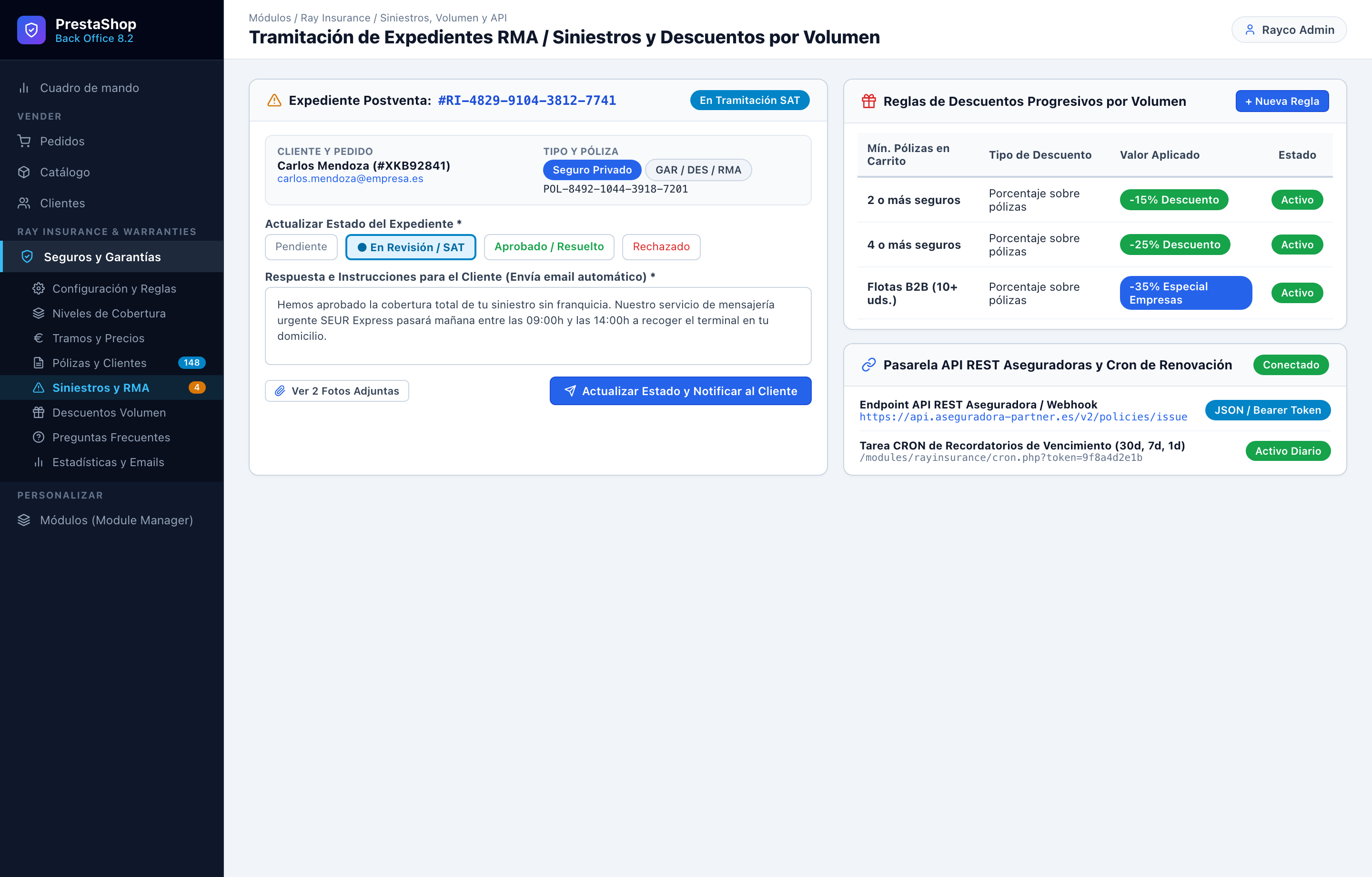 Tramitación SAT de RMA, Volumen y API REST - RayInsurance PrestaShop