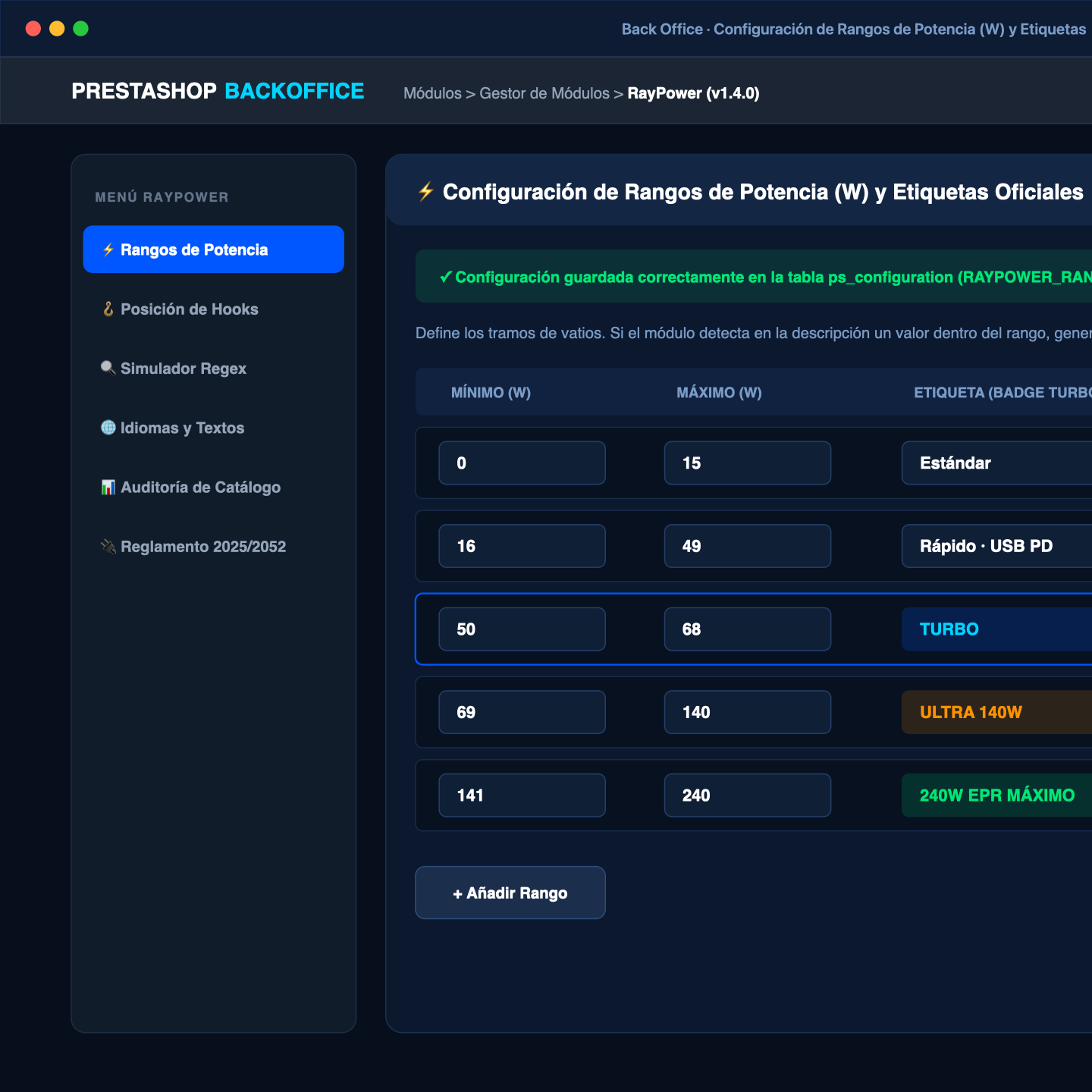 Configuración de Rangos de Potencia en Back Office