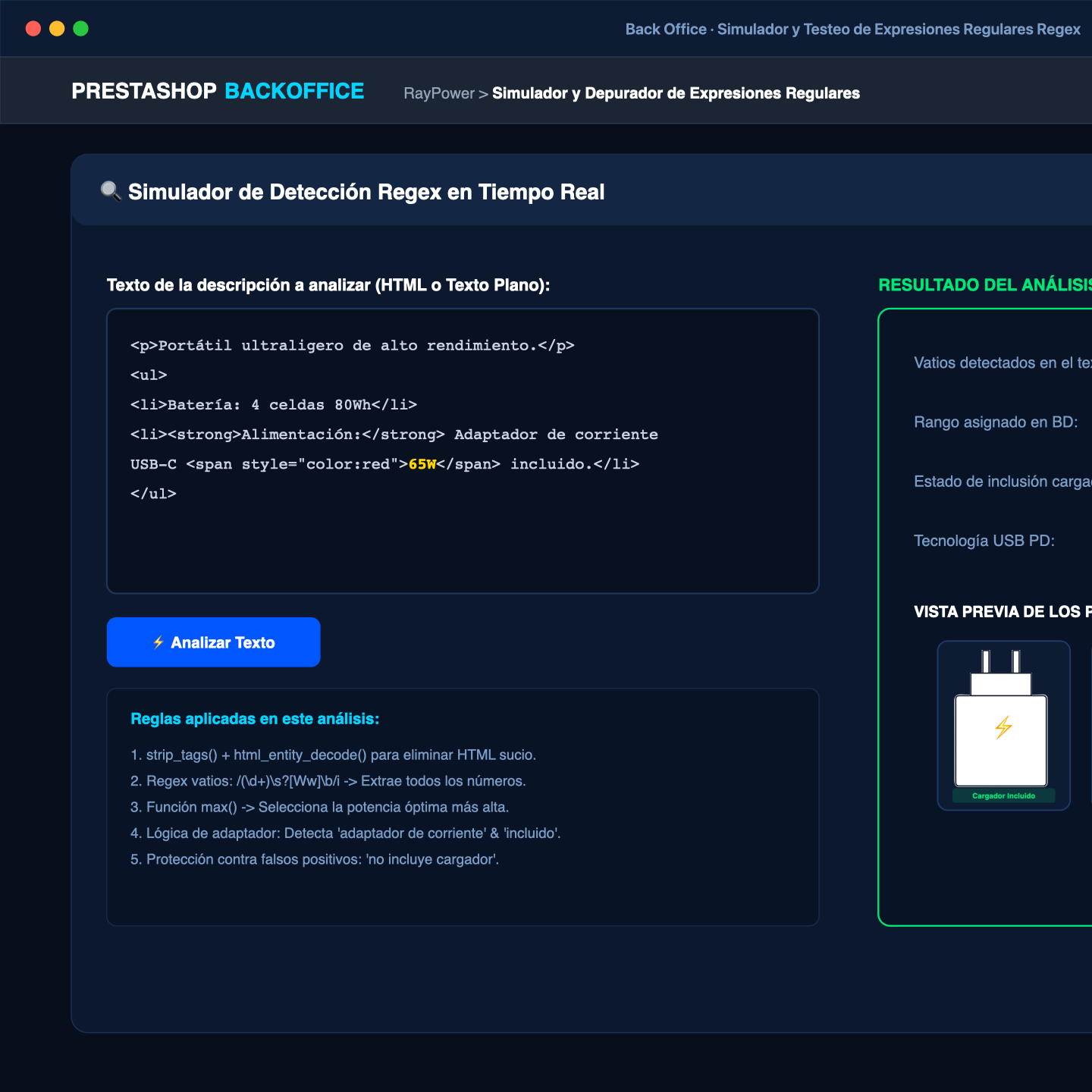 Simulador Regex de Extracción de Vatios en Vivo