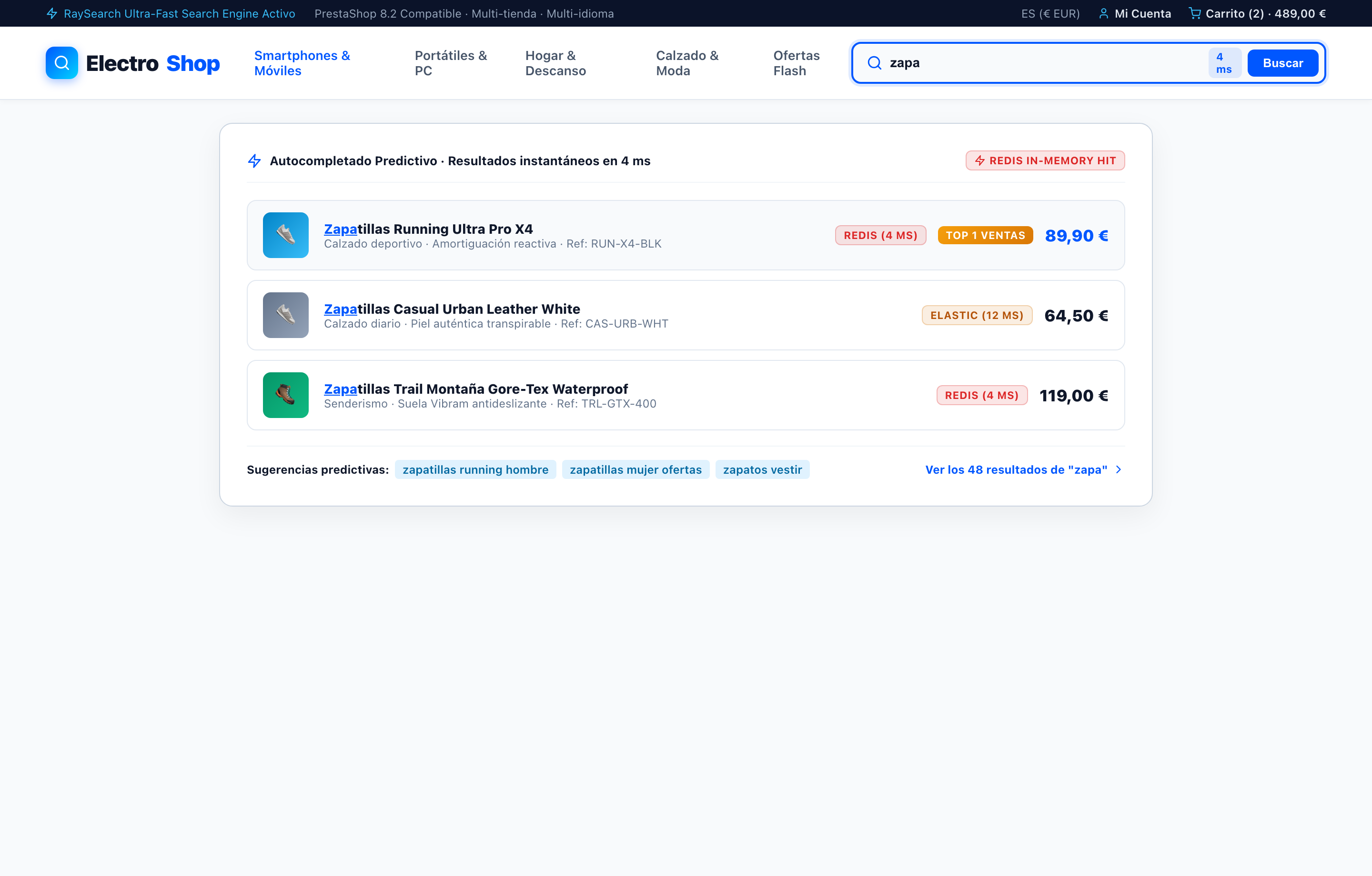 Autocompletado Predictivo Instantáneo (Debounce 150ms) - RaySearch PrestaShop