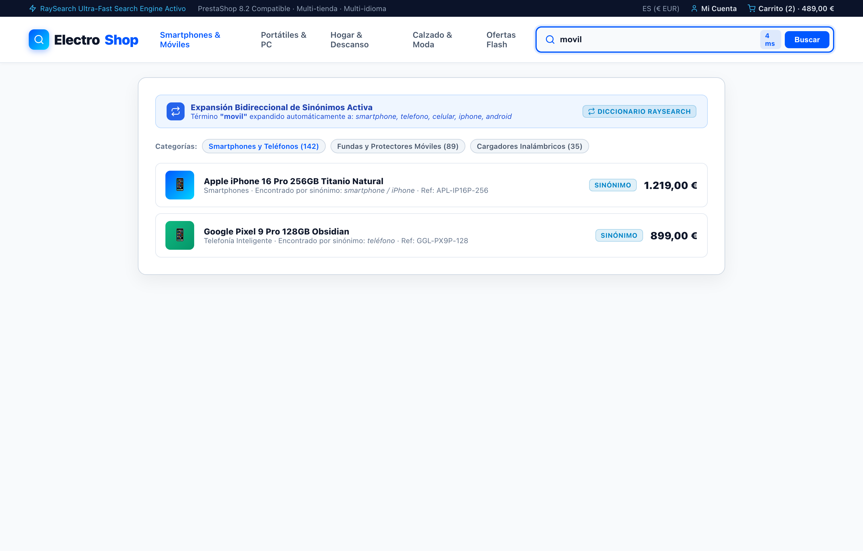 Diccionario de Sinónimos y Búsqueda Cruzada - RaySearch PrestaShop