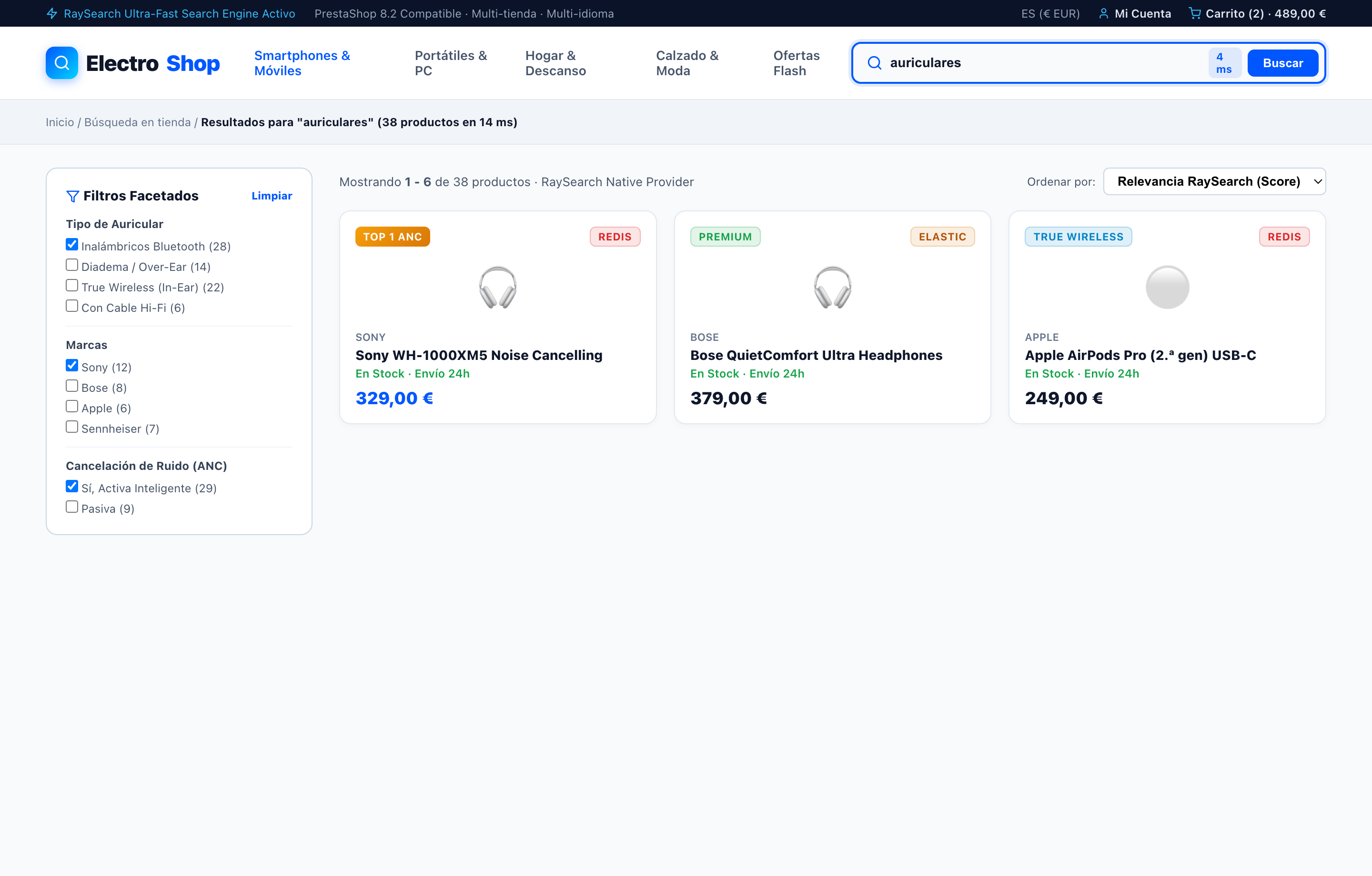 Página de Resultados con Navegación Facetada Ultra-Rápida - RaySearch PrestaShop