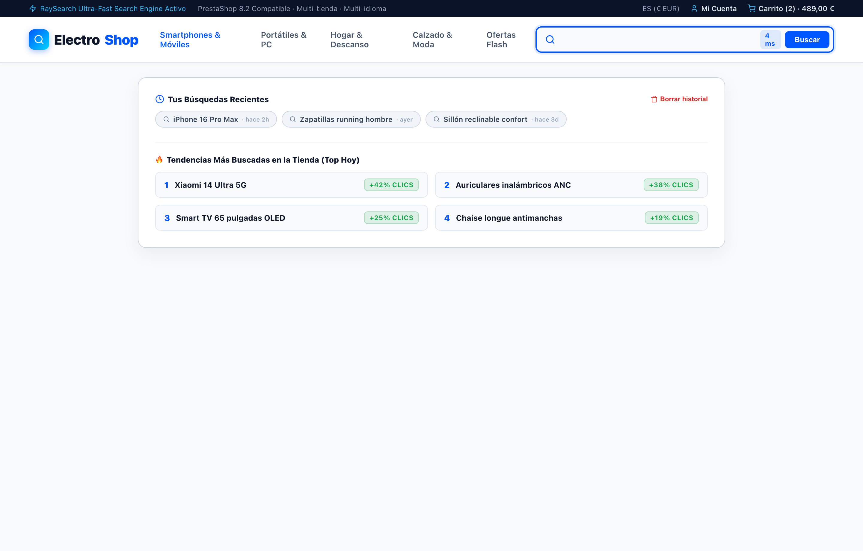 Historial de Búsquedas y Sugerencias de Tendencia - RaySearch PrestaShop