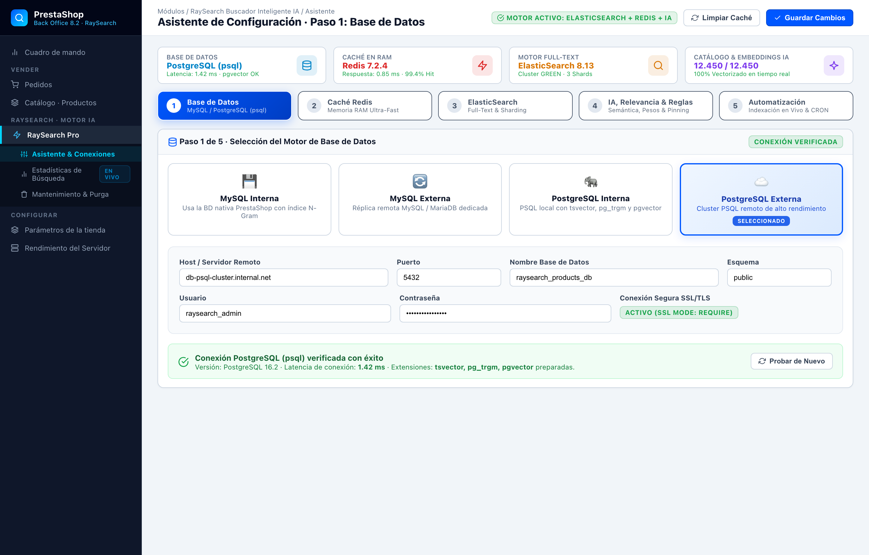 Asistente Paso 1 · Conexión MySQL / PostgreSQL Interna o Externa - RaySearch PrestaShop