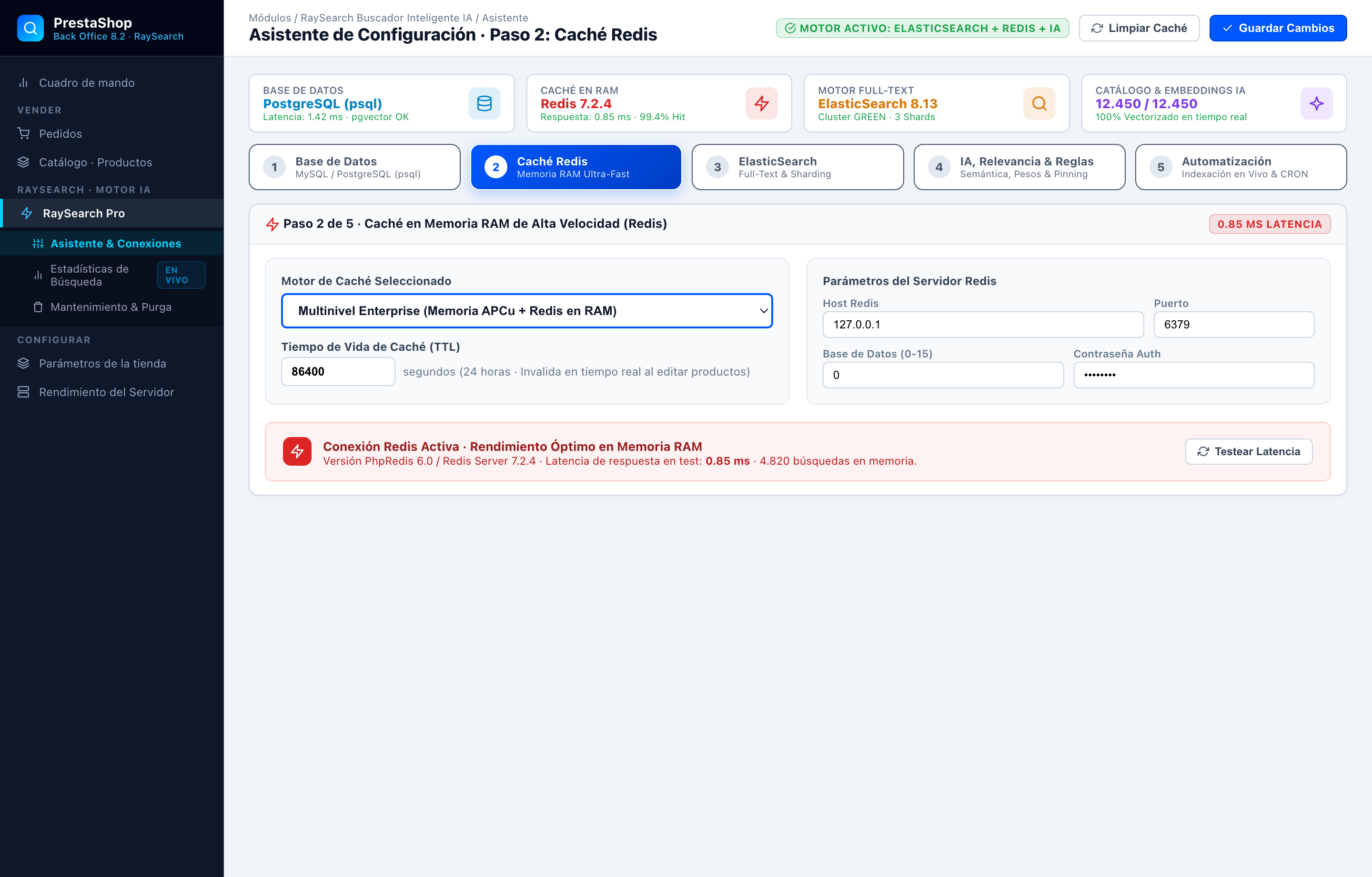 Asistente Paso 2 · Acelerador en Memoria RAM con Redis - RaySearch PrestaShop