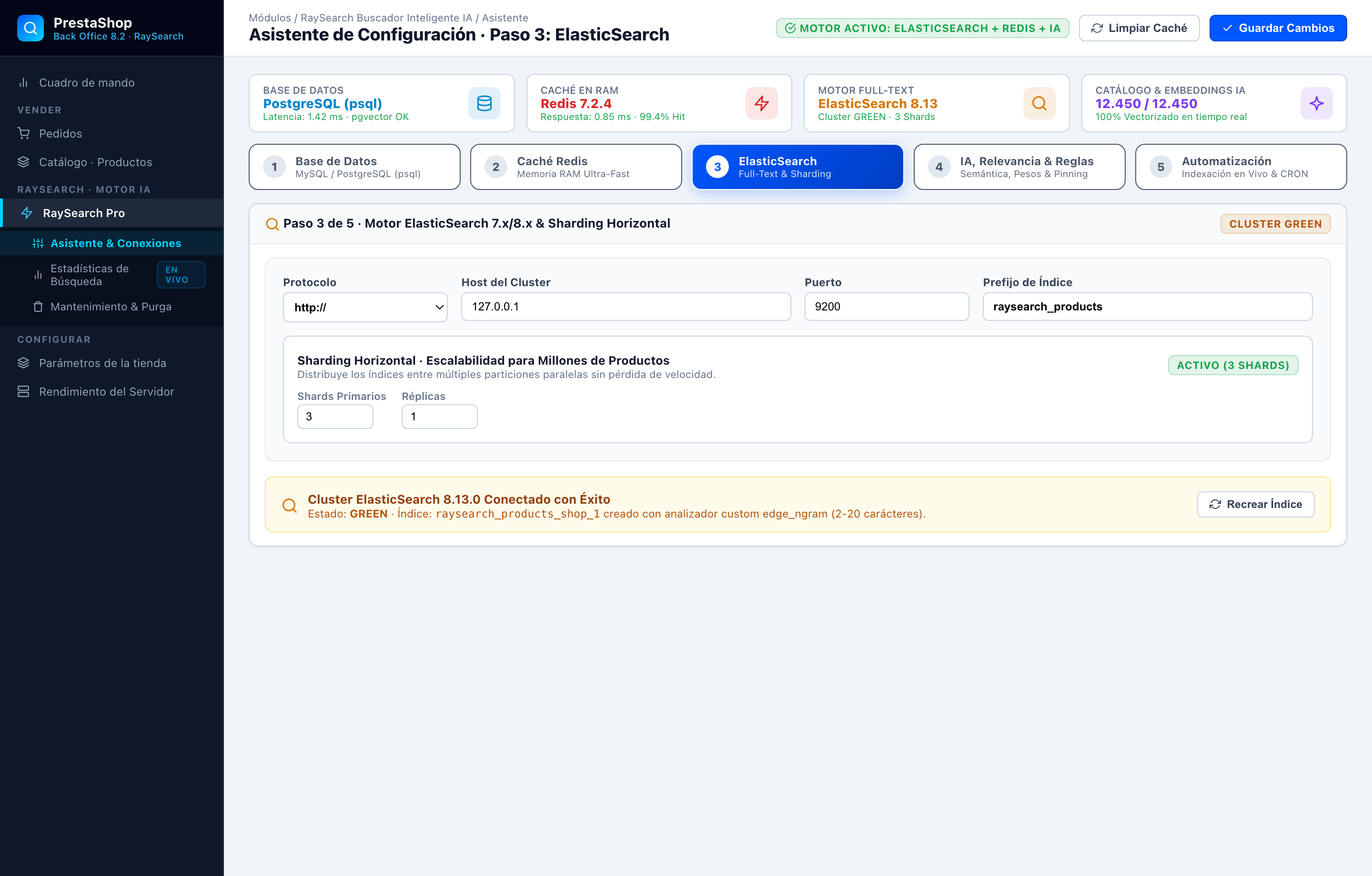 Asistente Paso 3 · Motor ElasticSearch con Sharding Horizontal - RaySearch PrestaShop