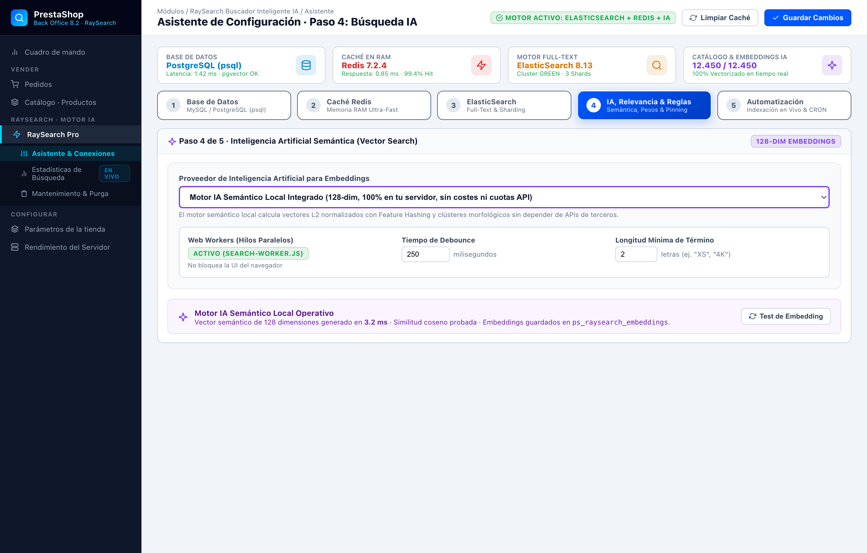 Asistente Paso 4 · Motor IA Vectorial y Embeddings Semánticos - RaySearch PrestaShop