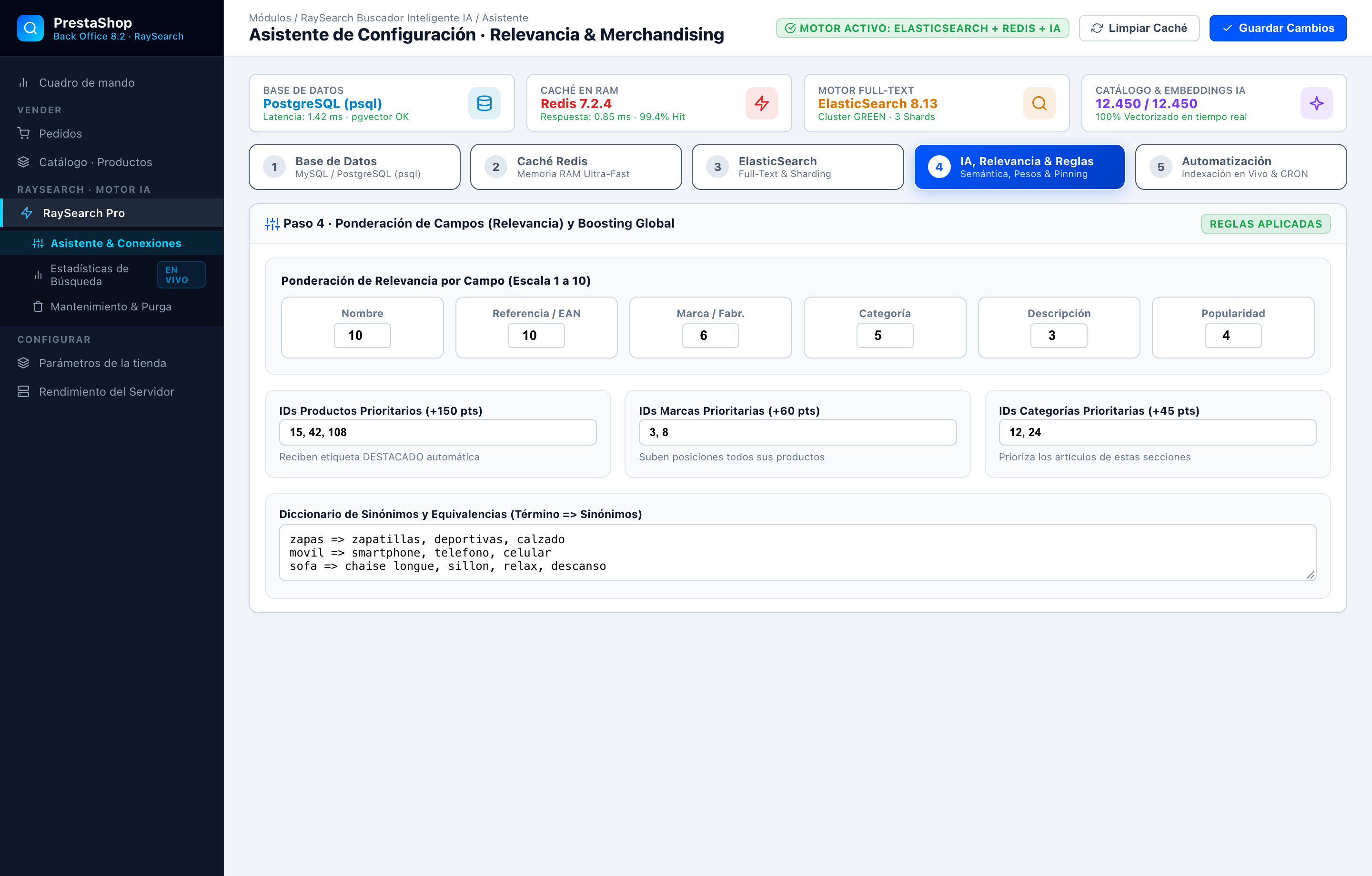 Asistente Paso 4 · Reglas de Merchandising y Ponderación - RaySearch PrestaShop