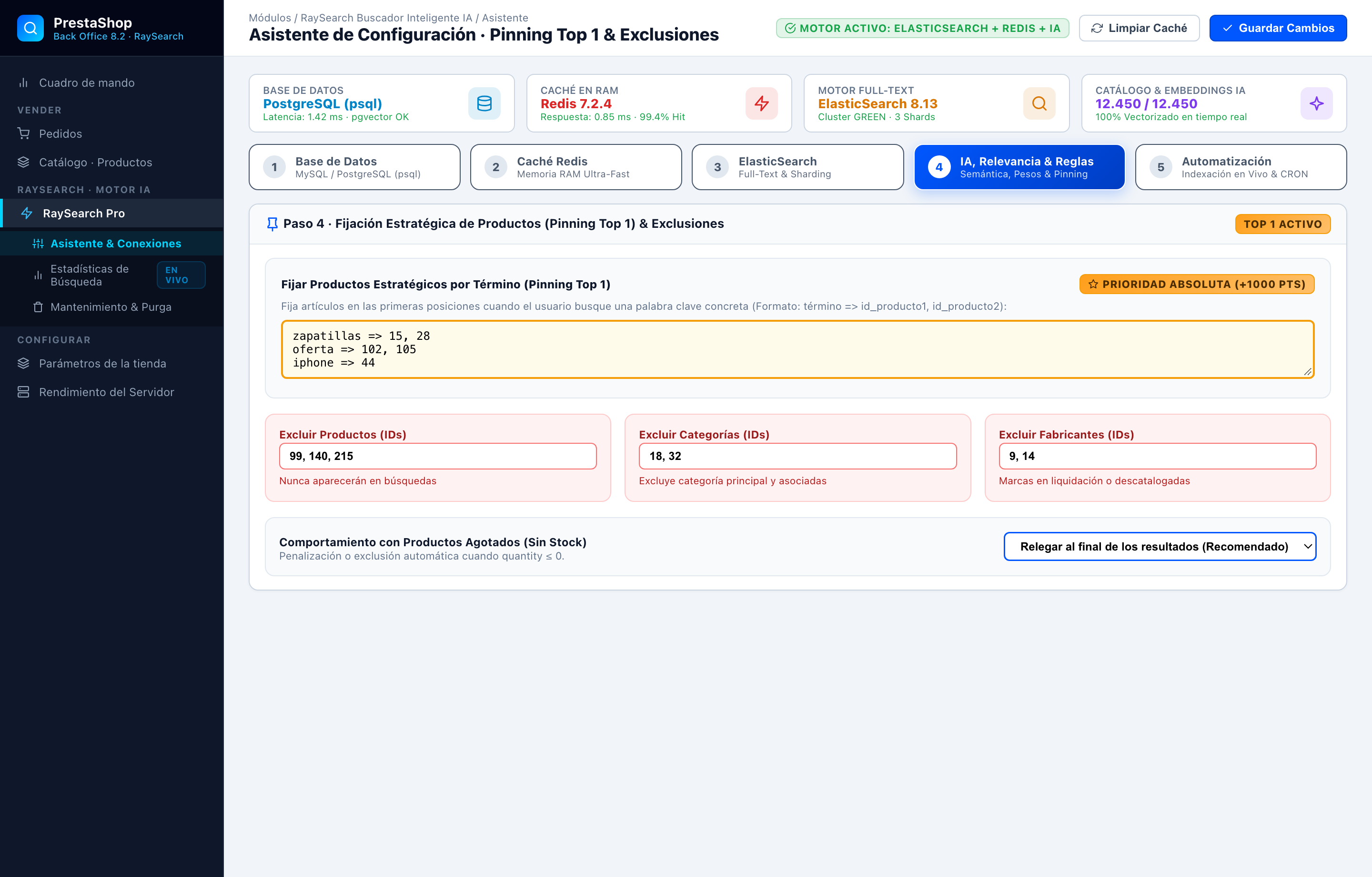 Asistente Paso 4 · Pinning Top 1, Sinónimos y Exclusiones - RaySearch PrestaShop