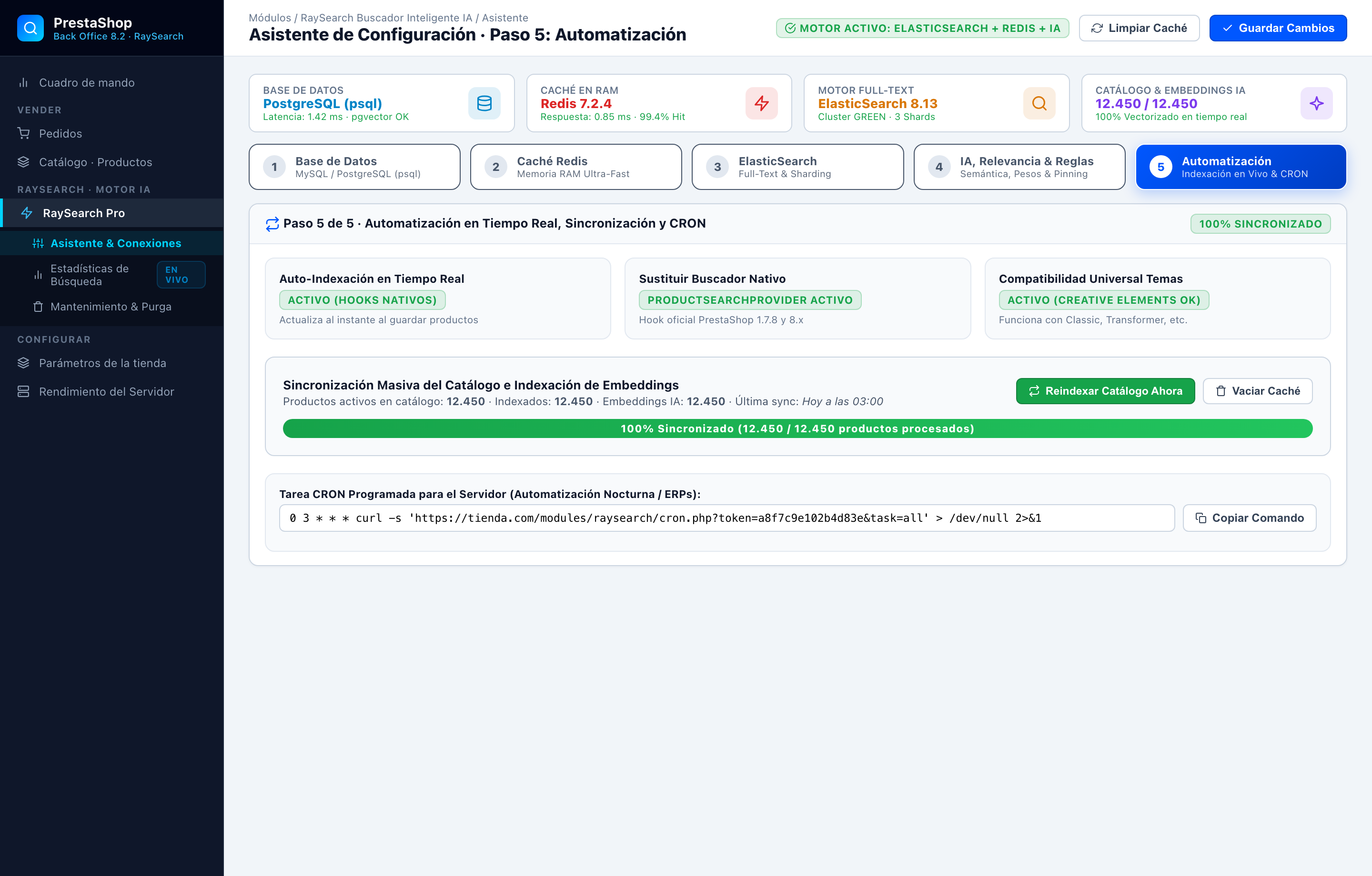 Asistente Paso 5 · Automatización e Indexación en Tiempo Real - RaySearch PrestaShop